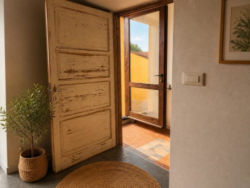 Rustica porta in legno d'ingresso alla camera Grillo.House con patio in terracotta e vista dell'edificio giallo