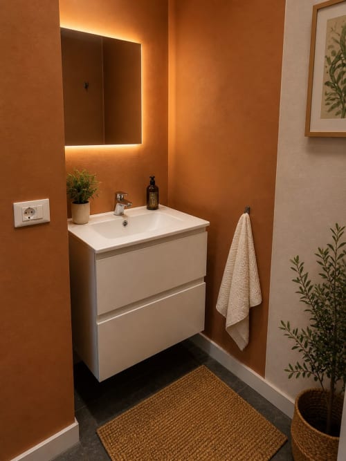 Bagno moderno della Grillo.House con pareti in terracotta, specchio illuminato, vanità bianca e pavimento in piastrelle nere