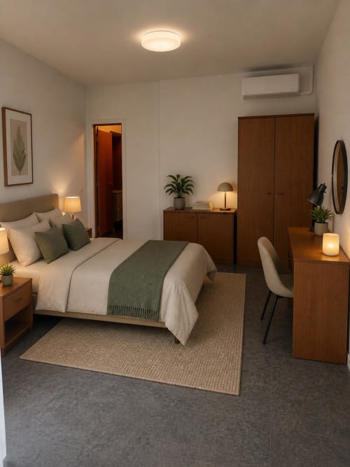 Camera moderna del Grillo.House B&B a Capiago Intimiano con letto matrimoniale, arredamento in legno, illuminazione calda e aria condizionata