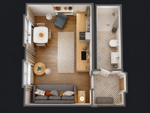 tARTustays 5 apartment floor plan in Tartu showing living area, kitchen, dining space, bathroom, and bedroom with