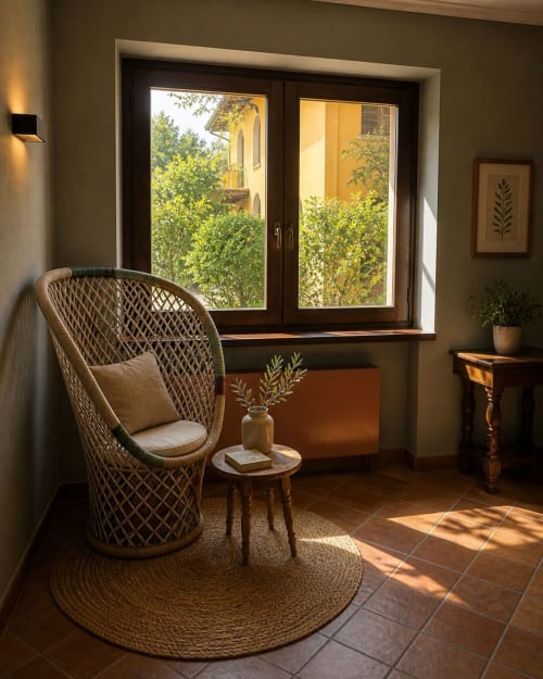 Accogliente angolo lettura al Grillo.House B&B di Capiago Intimiano con poltrona intrecciata, luce naturale e vista giardino