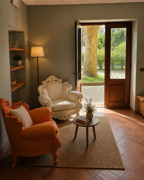 Elegante soggiorno della Grillo.House B&B a Capiago Intimiano con poltrone vintage crema e arancio, pavimenti in cotto