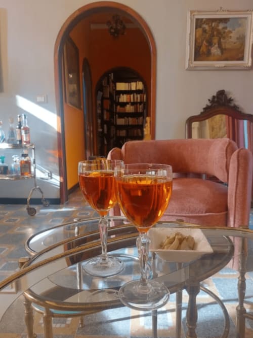 Élégant salon au Palazzo Losio avec cocktails ambrés, canapé courbe, portail en arc et bibliothèque à Ponzone