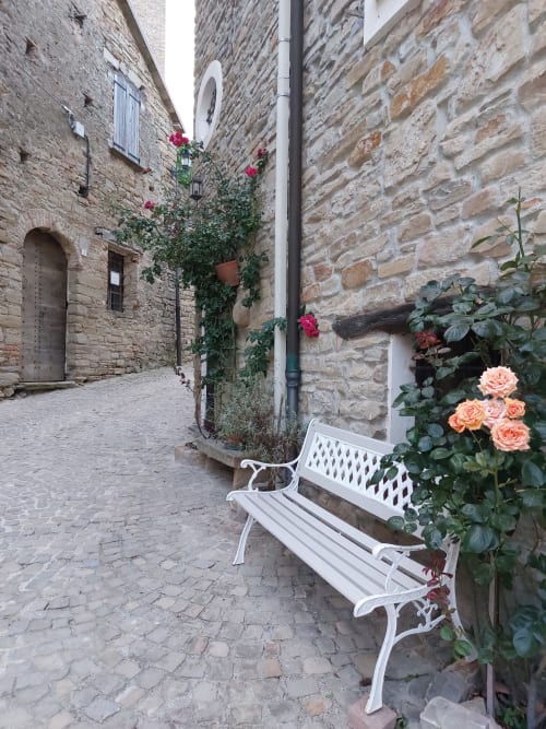 Cour historique en pierre du Palazzo Losio avec bancs blancs et roses en fleur à Ponzone