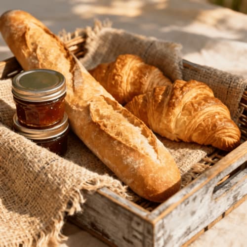 Frais baguettes et croissants avec confiture dans un panier en bois à la Domaine Alga, gîte à Bourg-Charente