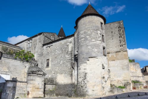 Torre de château en pierre historique du gîte Domaine Alga à Bourg-Charente, France, avec toit conique sous un ciel bleu