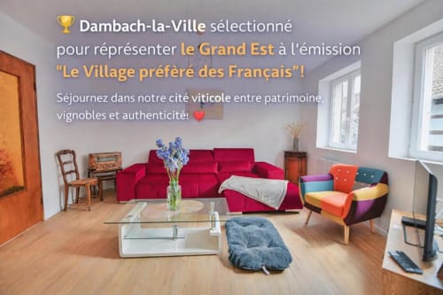 Salon moderne de l'appartement Dambach-la-Ville avec canapé rouge, chaises colorées, table basse en verre et parquet