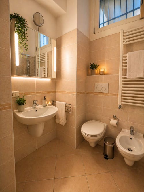 Modern bathroom in Hb Hall Srl Milano loft with beige tiles, round sink, toilet, bidet, heated towel rack and large mirror