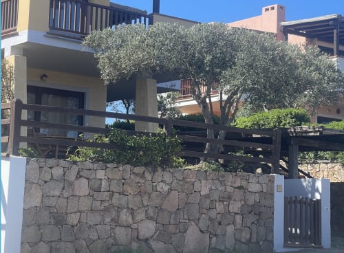 Like at Home Palau hotel entrance with stone wall, olive tree, and modern architecture in Palau, Sardinia