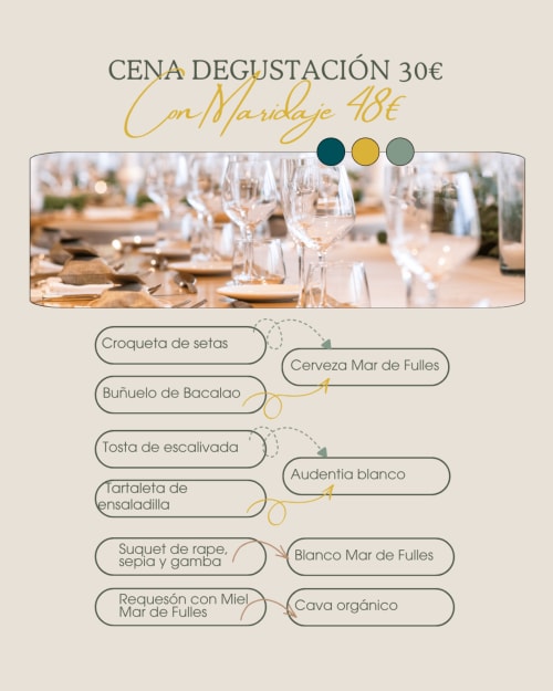 Menú de degustación elegante en Hotel Mar de Fulles en Castellón con maridajes de marisco y vino
