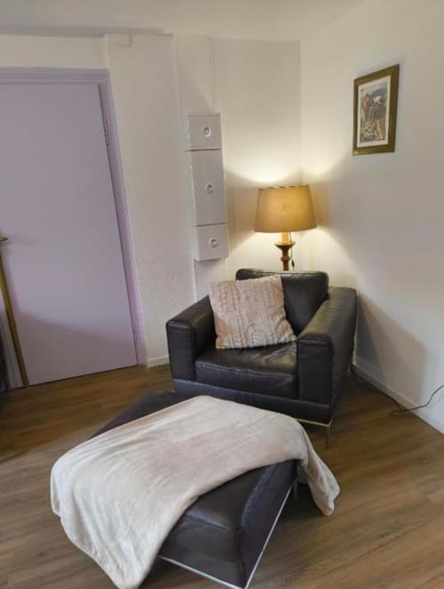 Salon moderne dans un appartement 2 chambres au Petit Havre de Joy, Dambach la Ville avec fauteuil en cuir noir, lampe et