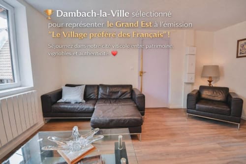 Salon moderne d'un appartement 2 chambres au Petit Havre de Joy, Dambach-la-Ville, avec canapés en cuir, parquet et