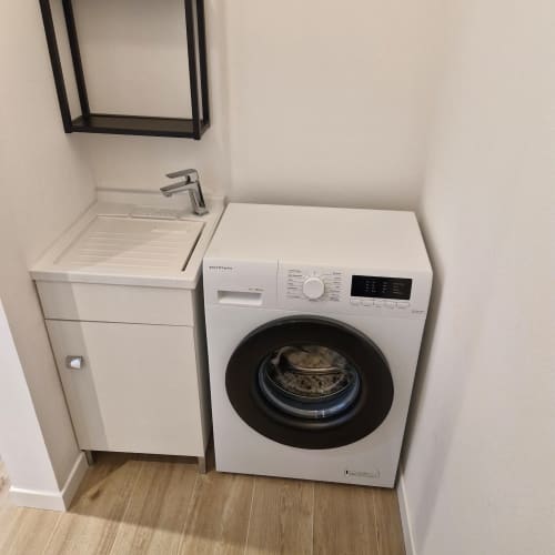 Buanderie avec machine à laver blanche et évier utilitaire dans l'appartement La Casa di Silvia, Arco