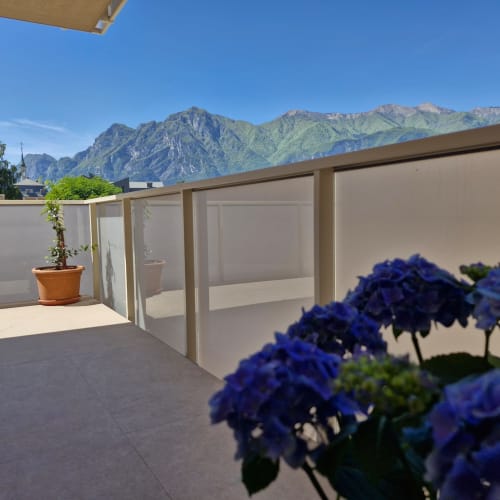 Terrasse ensoleillée de La Casa di Silvia à Arco avec fleurs bleues, plantes en pot et vues spectaculaires des montagnes du Trentin