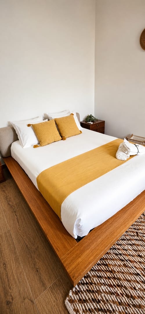 Quarto principal na Herdade da Cova da Onça com roupa de cama branca, acentos em amarelo mostarda, cama de madeira e vista para o jardim