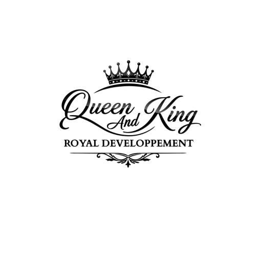 Logo Queen And King Royal Développement avec couronne, hôtel de luxe à Versailles, France