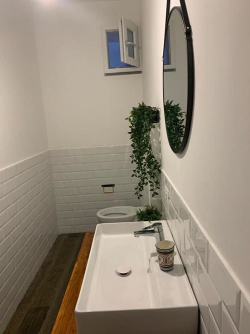 Bagno moderno presso Cilento Rooms con lavabo bianco, specchio rotondo, WC, piante in vaso e pavimento in legno
