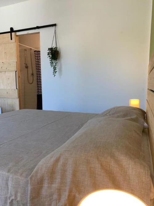 Camera moderna con biancheria beige, bastone tende nero con pianta sospesa e ingresso bagno presso Cilento Rooms Agnone B&B