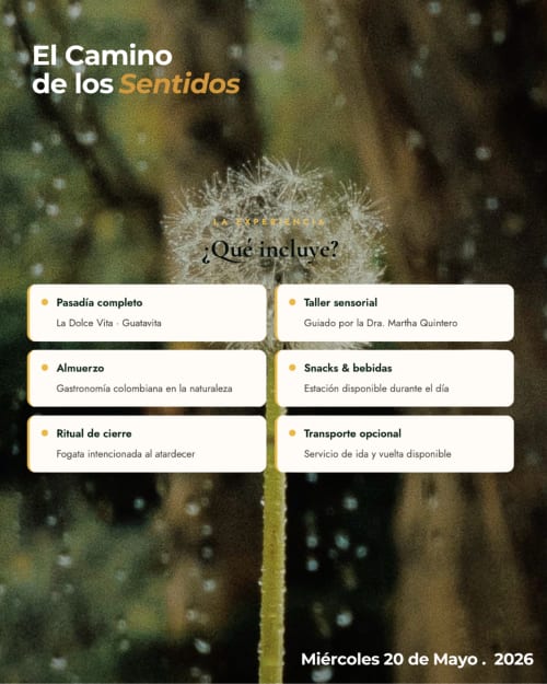 La experiencia El Camino de los Sentidos en La Dolce Vita Guatavita incluye día completo, comidas, taller sensorial y opcional