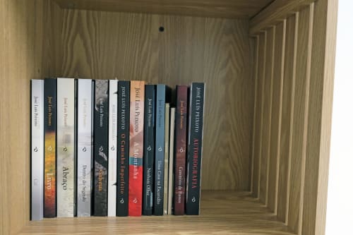 Prateleira de livros em armário de madeira na Santiago de Caminha Boutique Hostel, Caminha Portugal