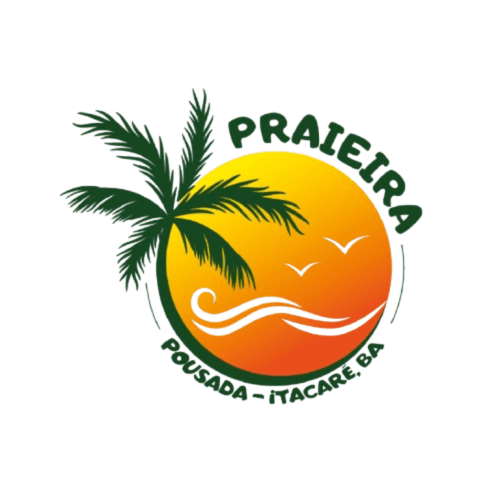 Praieira Pousada logo featuring palm tree, sunset circle, and waves in Itacaré, BA
