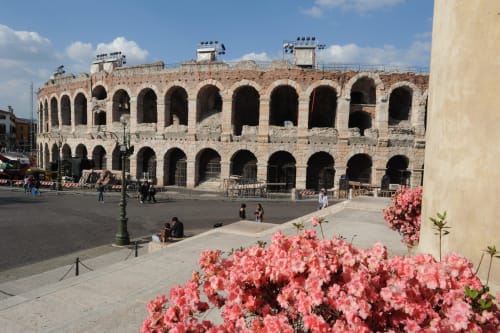Antiguo anfiteatro romano con flores rosa en Verona, Italia cerca de Bussolengo