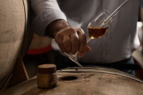 Personne versant un liquide ambré dans un verre lors d'une dégustation au Domaine Alga à Bourg-Charente
