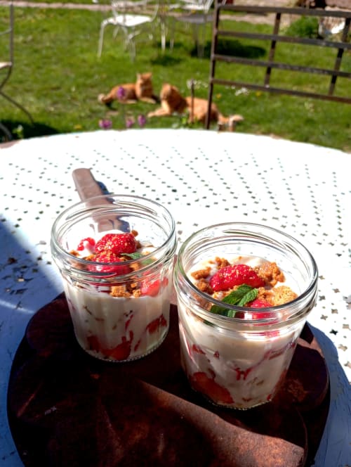 Deux parfaits au yaourt avec baies rouges et granola à la Paulusmühle B&B à Soucht, France, dans le jardin