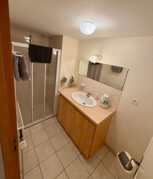 Salle de bains moderne à l'Auberge Du Ruxelier avec vanité en bois, lavabo blanc, grand miroir, douche ouverte et luminaire au plafond