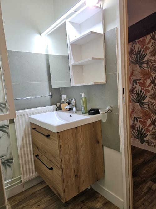 Salle de bain moderne du Gîte Eglantine aux Muriers, Bourgvilain avec meuble vasque en bois, lavabo blanc, miroir et carrelage