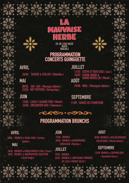 Programmation des concerts et brunchs d'été La Mauvaise Herbe à Barjols, avril-septembre