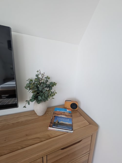 Wooden dresser in Flotnar Hus Room 3 with eucalyptus plant, travel books, and orange speaker against white wall