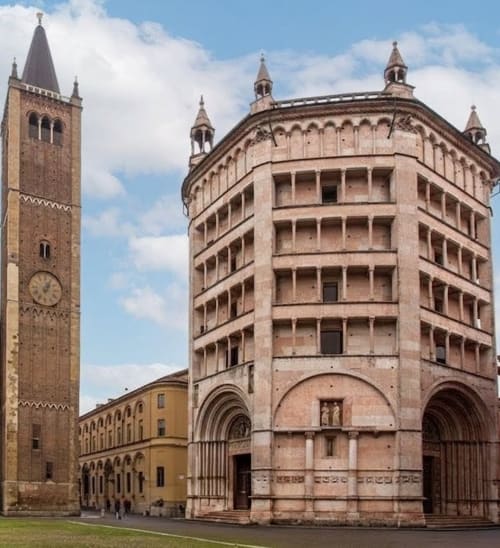 Palazzo Garibaldi Parma hotel featuring medieval tower and Renaissance architecture in Parma, Italy