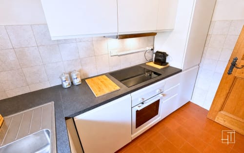 Modern kitchen in Cortina d'Ampezzo apartment with dark countertops, white cabinetry, stainless steel sink and appliances