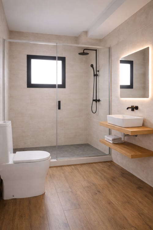 Modern bathroom at DakarByDays hotel with walk-in shower, floating wooden vanity, and illuminated mirror