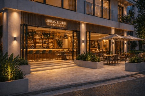 Urban Living Bar & Restaurant at DakarByDays hotel in Dakar featuring modern architecture, outdoor seating, and ambient