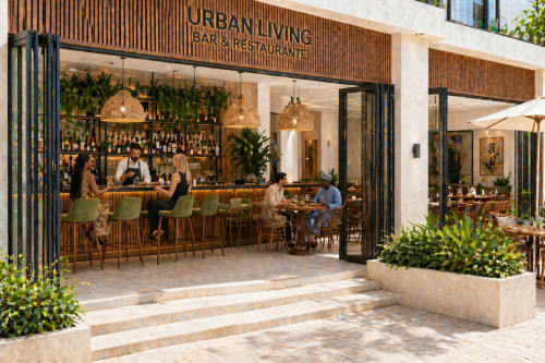 Urban Living Bar & Restaurante at DakarByDays hotel with modern wooden facade, outdoor seating, and lush greenery in Dakar