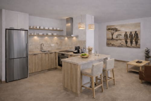 Modern kitchen and dining area at DakarByDays hotel in Dakar with island seating and contemporary decor