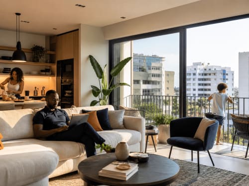 Modern Dakar apartment with spacious living room, city views, and contemporary furnishings at DakarByDays