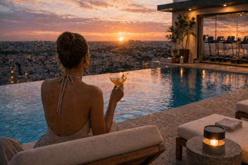Woman enjoying sunset with cocktail at DakarByDays rooftop pool overlooking Dakar cityscape