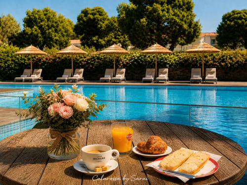 Frühstückstisch mit Kaffee, Croissant und Gebäck mit Blick auf den Pool des Calarossa By Sarai, Lecci