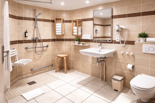 Salle de bain accessible à l'Hôtel De Lion Sur Mer avec douche accessible spacieuse, barres d'appui et lavabo adapté aux fauteuils roulants