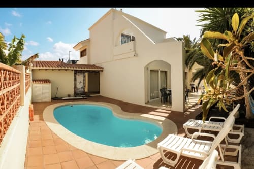 Villa Paloma en Corralejo con piscina turquesa, tumbonas blancas, palmeras y arquitectura villa moderna blanca