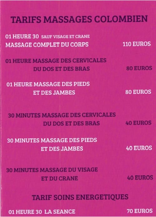 Colombian massage price list at Hôtel Aviation, La Bourboule. Services from 30 minutes to 1.5 hours, €40-€110.