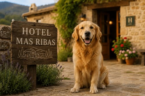 Golden Retriever sits at entrance of Mas Ribas Hotel in Palamós, Spain, with rustic stone building and wooden sign visible