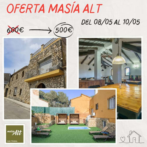 Oferta Masias Alt: de 600€ a 500€ (8-10 de mayo). Edificio de piedra, sala interior, jardín con piscina y tumbonas en Olerdola.