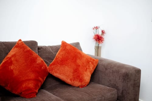 Gray sofa with two red cushions and pink flowers in vase, cozy apartment sitting area at ShelterHomes UK Salford.