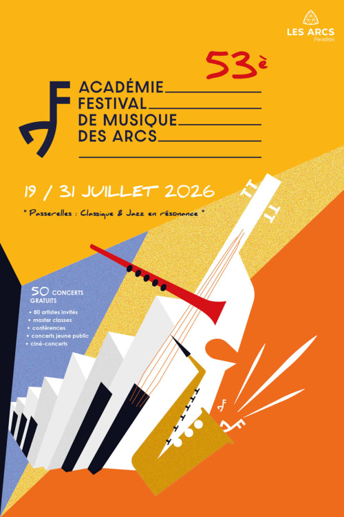 53rd Académie Festival de Musique des Arcs poster, July 2026, featuring classical and jazz concerts
