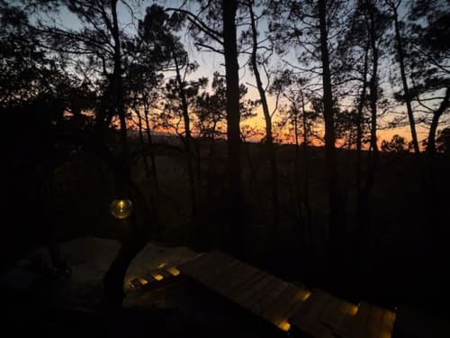 Jardin du Lou Paradou Lodge au crépuscule, terrasse illuminée et silhouettes de forêt