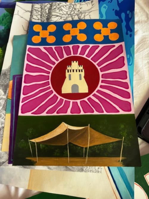 Décoration murale de la chambre Souimanga du Lou Paradou Lodge : tour de château et dais de jardin aux couleurs éclatantes
